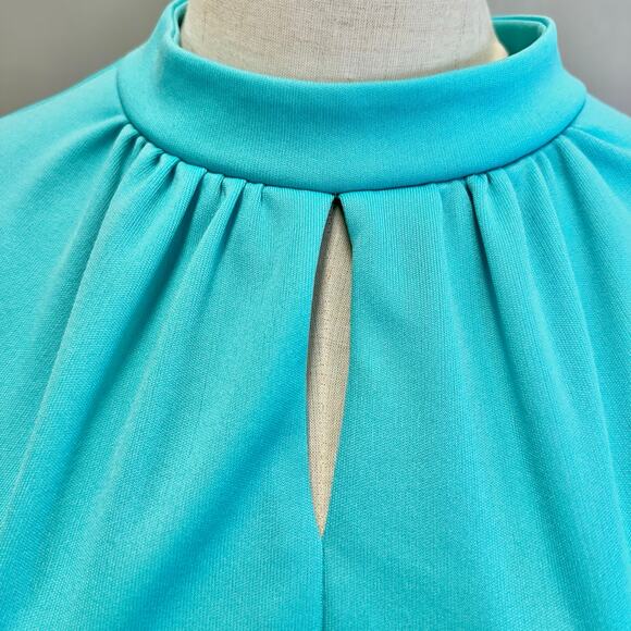 Vintage 60s/70s Turquoise Blue Keyhole Front Maxi Dress High Neck Size 18 - Picture 7 of 16
